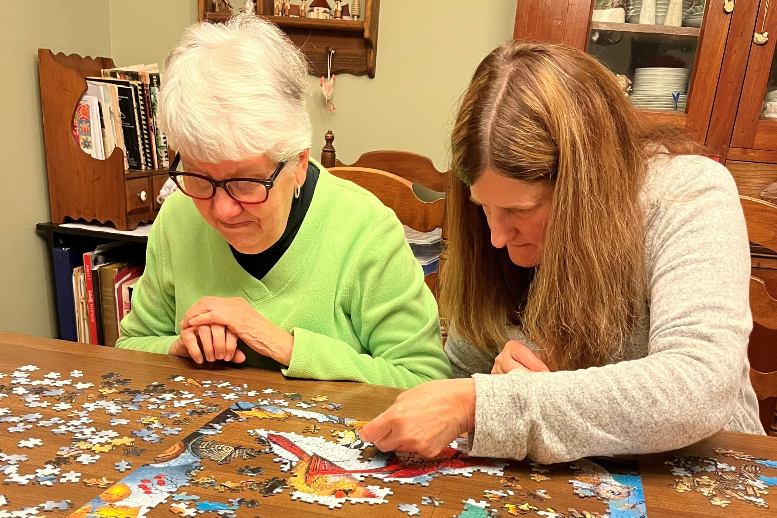 Two women work on a jigsaw puzzle at a wooden table. One wears a green sweater and glasses, while the other in a gray sweater focuses on fitting a piece. Bookshelves and a cabinet are in the background.