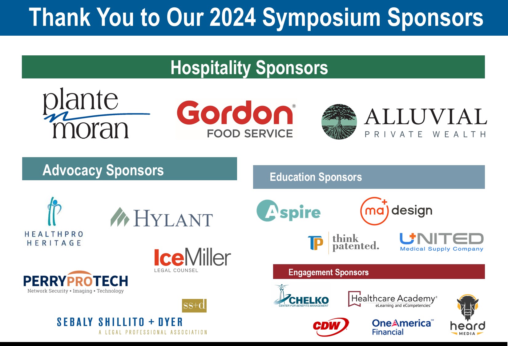 A banner listing the sponsors for the 2024 Symposium, categorized into Hospitality, Advocacy, Education, and Engagement sponsors. This includes companies like Plante Moran, Gordon Food Service, and Aspire.