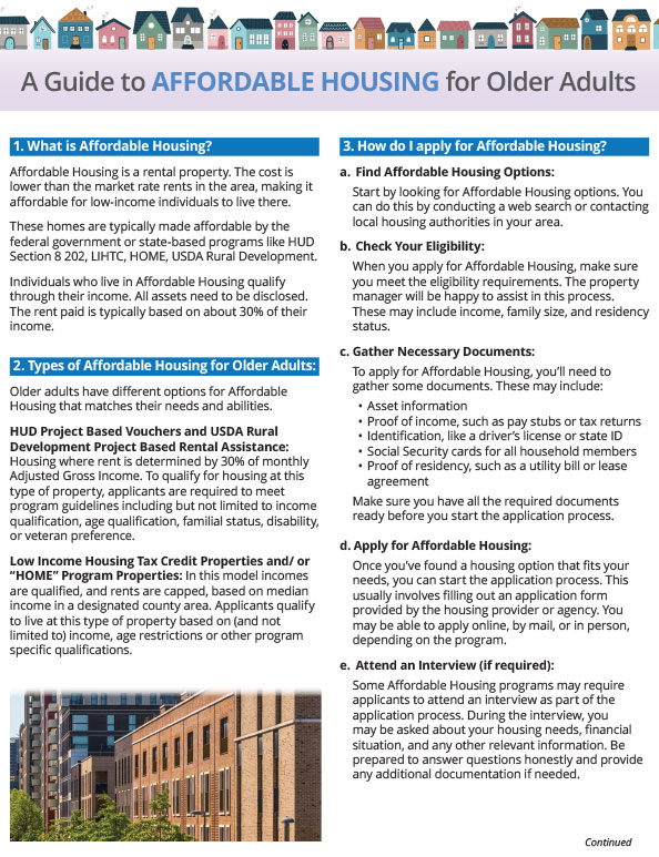 Aging life guides for older adults about affordable housing options, including definitions, application steps, and types of assistance programs. The page is text-heavy with sections highlighted in blue and yellow.