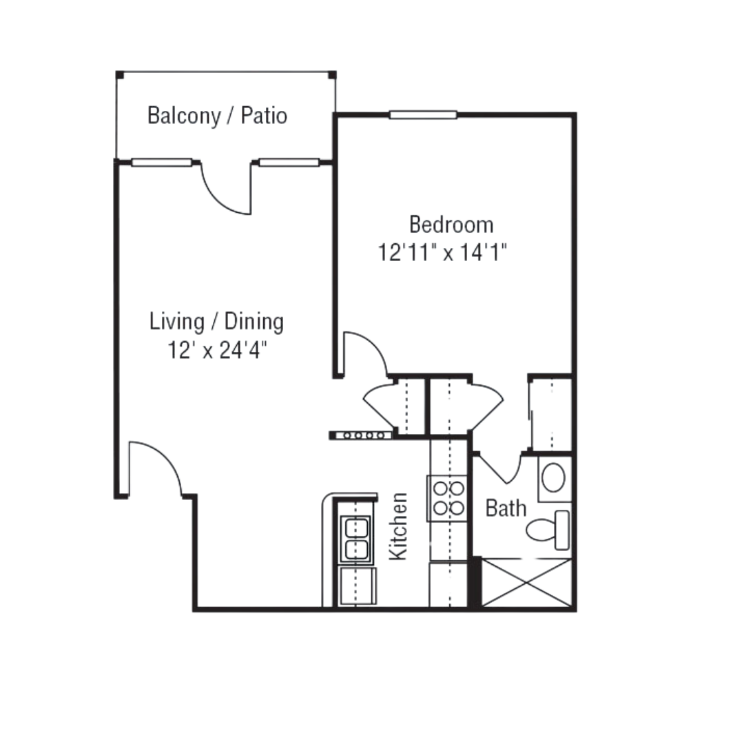 Floor plan of a one-bedroom apartment with a living/dining area, kitchen, bathroom, bedroom, and a balcony/patio. Enjoy community living in Dayton while experiencing the comfort and convenience of this stylish Ohio residence.