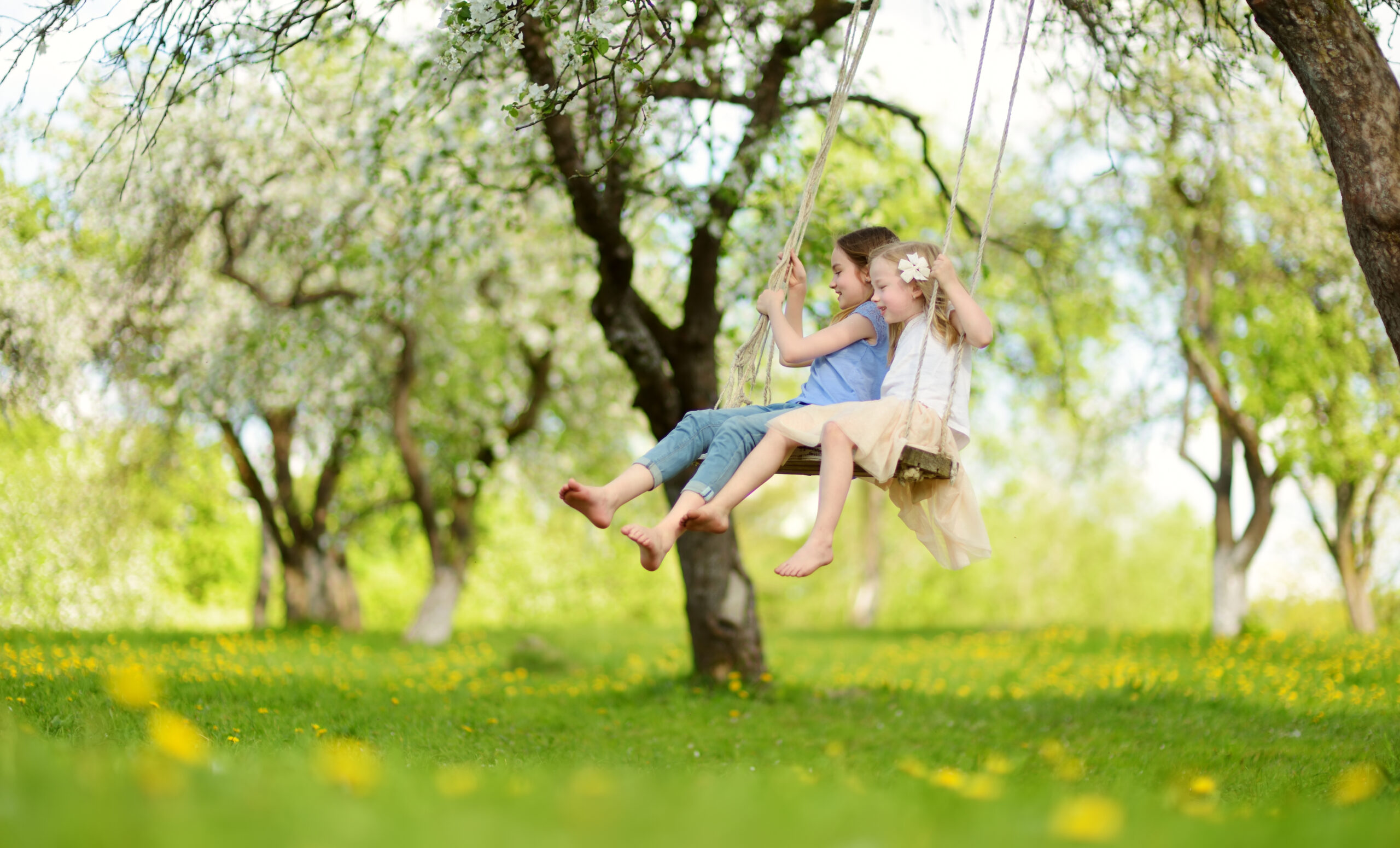 Two children swing together on a rope swing in a green, flower-filled orchard. They seem happy and carefree under the blooming trees.