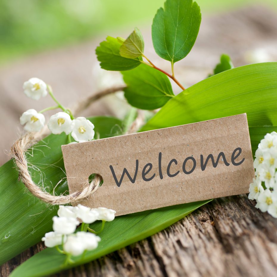 A "Welcome" sign on a brown tag is surrounded by green leaves and small white flowers, with a natural wood background.