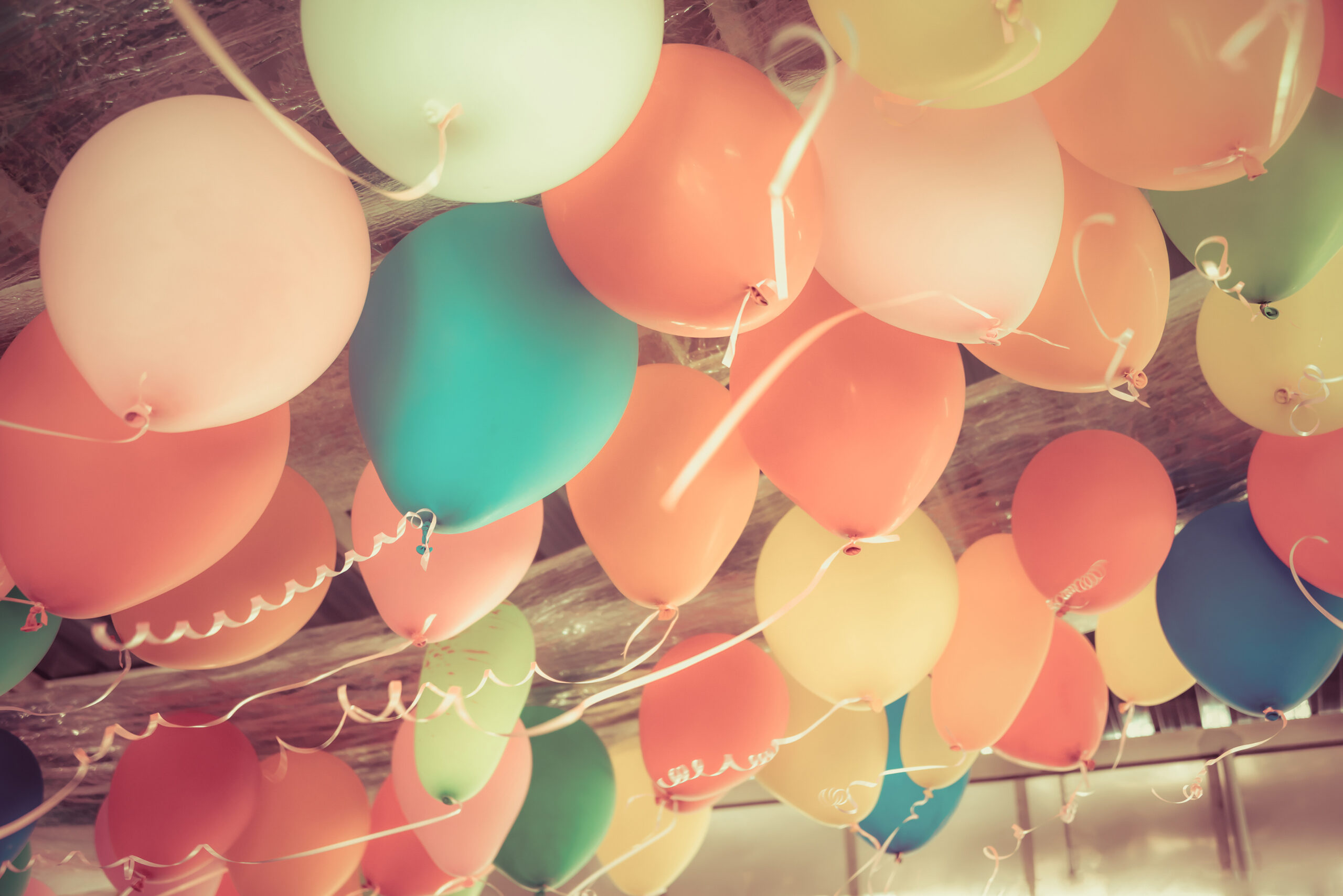 A variety of colorful balloons in shades of orange, green, red, and yellow are hanging from the ceiling with curly white ribbons.