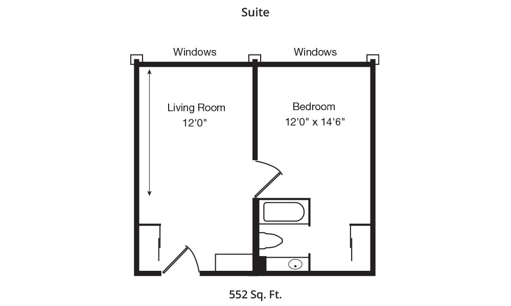 A floor plan of a 552 sq. ft. suite tailored for senior living in Beavercreek, Ohio, showcasing dimensions of a living room and bedroom, both with windows. The layout features a conveniently placed bathroom between the rooms.