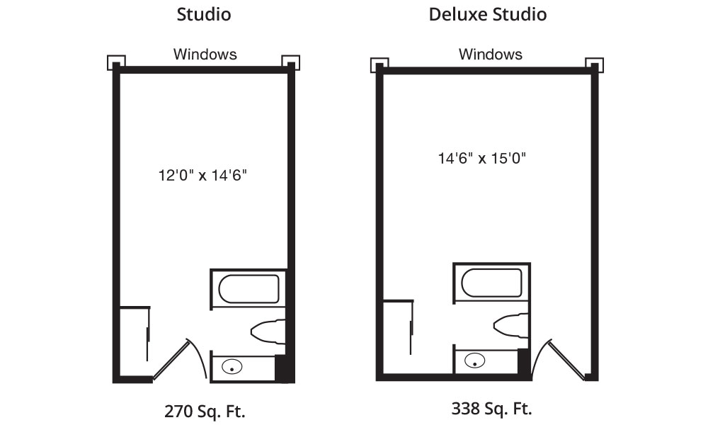 Two floor plans available for senior living in Beavercreek, Ohio: 'Studio' with a 270 sq. ft. area and 'Deluxe Studio' with a 338 sq. ft. area. Both include a bathroom and windows, with the Deluxe Studio being larger in size.
