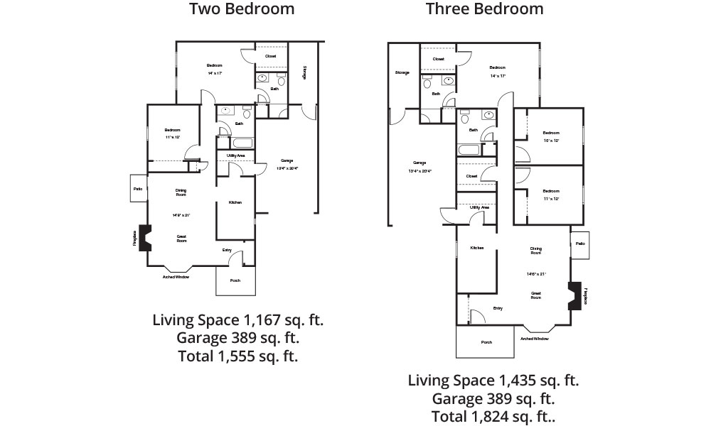 Explore the spacious floor plans of our two- and three-bedroom apartments in senior living in Beavercreek, Ohio. The two-bedroom spans 1,167 sq. ft., plus a 389 sq. ft. garage, while the three-bedroom offers 1,435 sq. ft., also with a 389 sq. ft. garage.