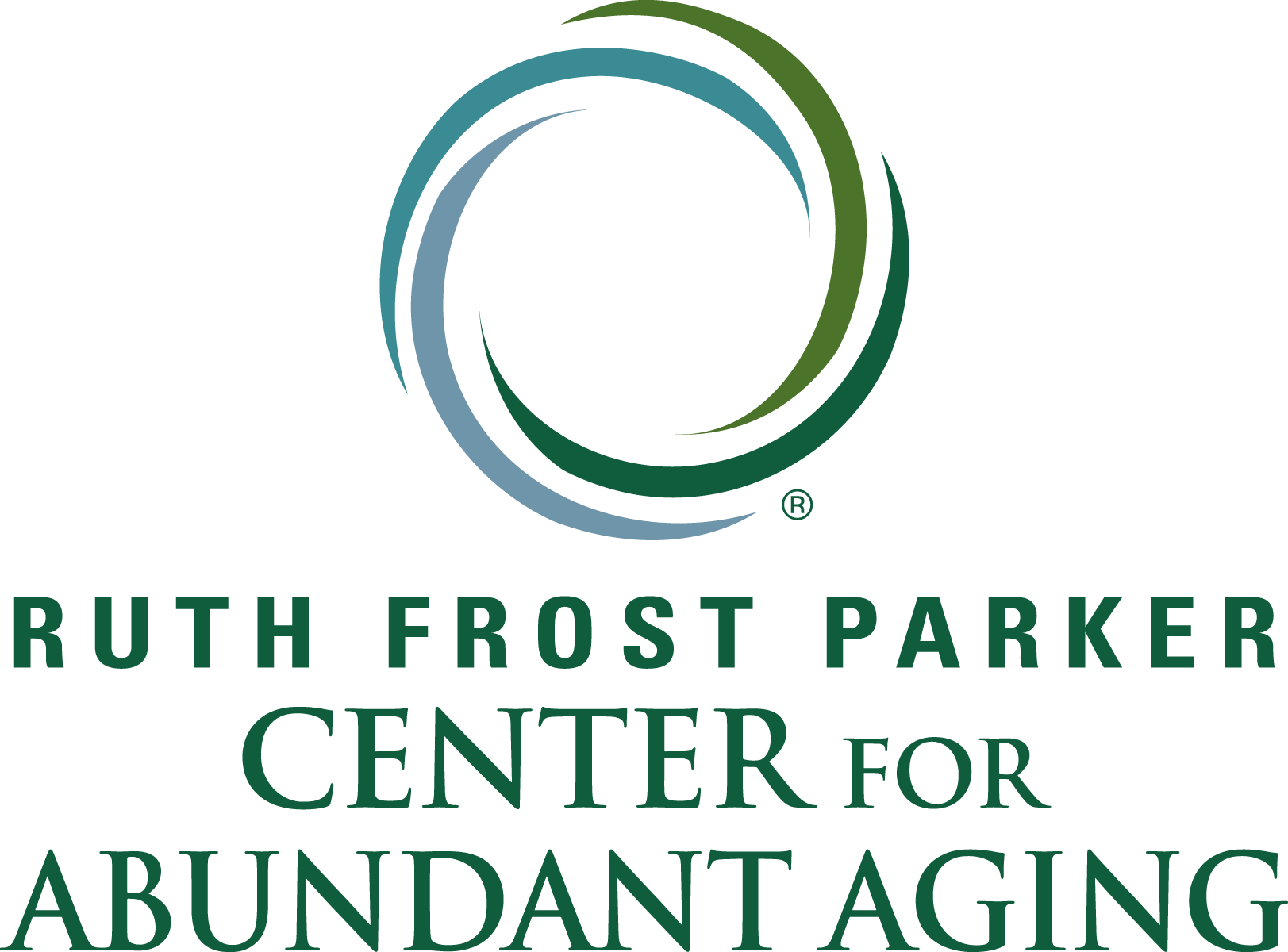 Logo of Ruth Frost Parker Center for Abundant Aging featuring an abstract circular design in shades of blue and green, inspired by the Del Mar Fellows Encore Initiative.