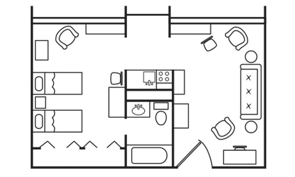 A black and white floor plan for senior living in Canton, Ohio, featuring a room with two beds, a kitchenette, a bathroom, and a cozy sitting area with a sofa, chairs, and a coffee table.