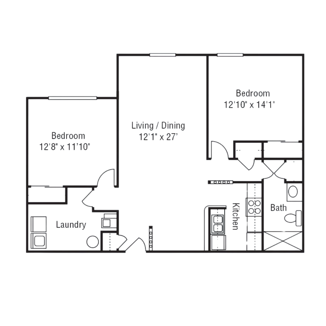 A floor plan in community living in Dayton, Ohio, featuring two bedrooms, a combined living/dining area, a kitchen, a bathroom, and a laundry room. Room dimensions are provided.