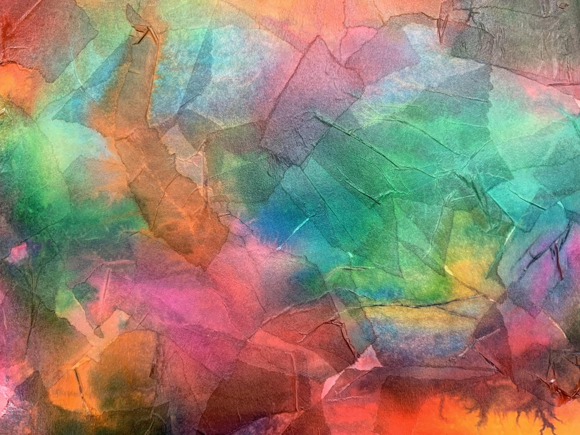 A vibrant abstract painting featuring a blend of colors such as green, blue, pink, and orange, with textured, layered patterns.