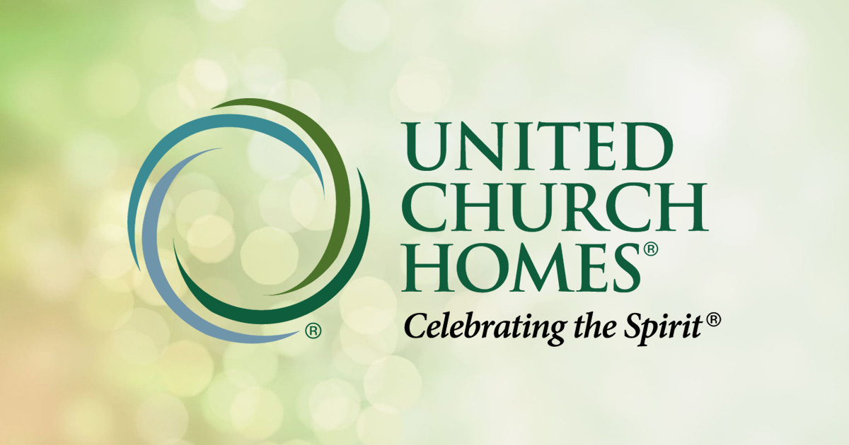 United Church Homes logo with the slogan "Celebrating the Spirit" on a blurred green background, embodying our commitment to senior living.