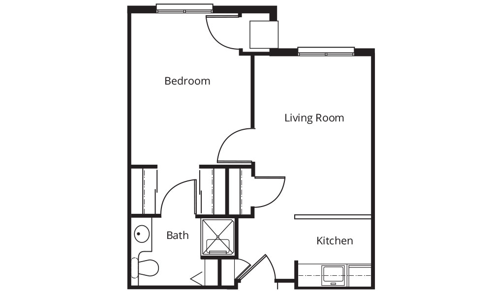 A basic floor plan of an apartment in senior living in Marietta, featuring a bedroom, living room, kitchen, and bathroom. The layout shows doors, windows, and fixtures.