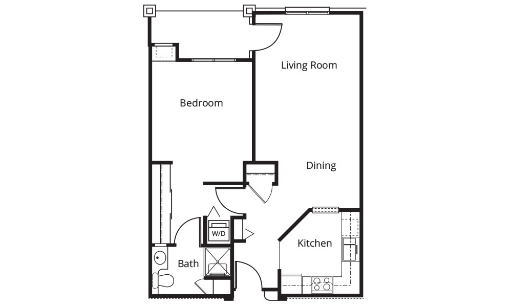 Floor plan of a one-bedroom apartment ideal for senior living in Marietta, Ohio, featuring a living room, dining area, kitchen, bathroom, and washer/dryer area.