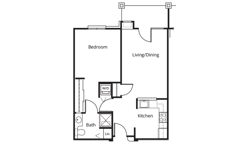 Floor plan for senior living in Marietta, Ohio, showing a layout with one bedroom, one bathroom, a combined living/dining area, and a kitchen. The unit includes a washer/dryer and a linen closet.