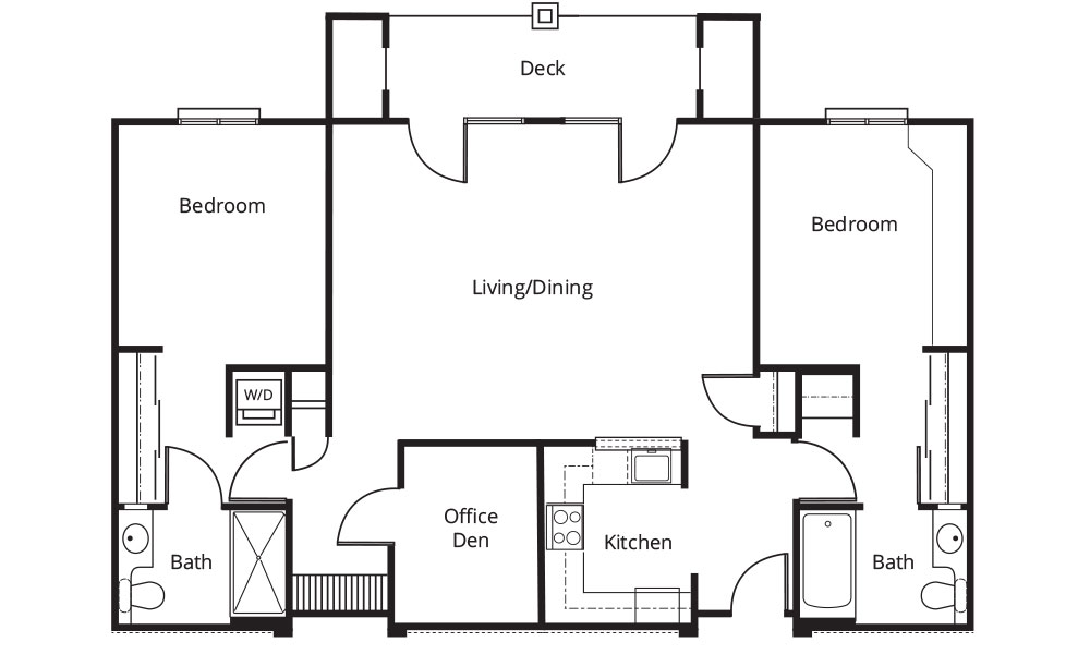 Black and white floor plan of an apartment in senior living in Marietta, Ohio, featuring two bedrooms, two bathrooms, a kitchen, living/dining area, office den, washer/dryer area, and a deck.