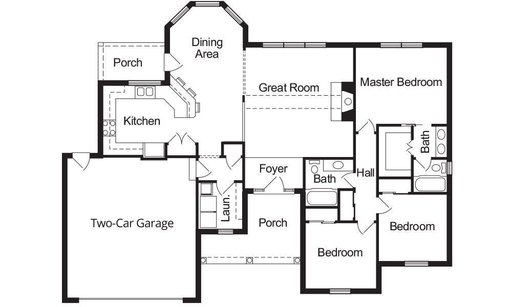 Black and white floor plan showing a senior living house in Marietta, Ohio with two bedrooms, master bedroom, two baths, a great room, dining area, kitchen, two-car garage, foyer, hall, laundry room, and two porches.