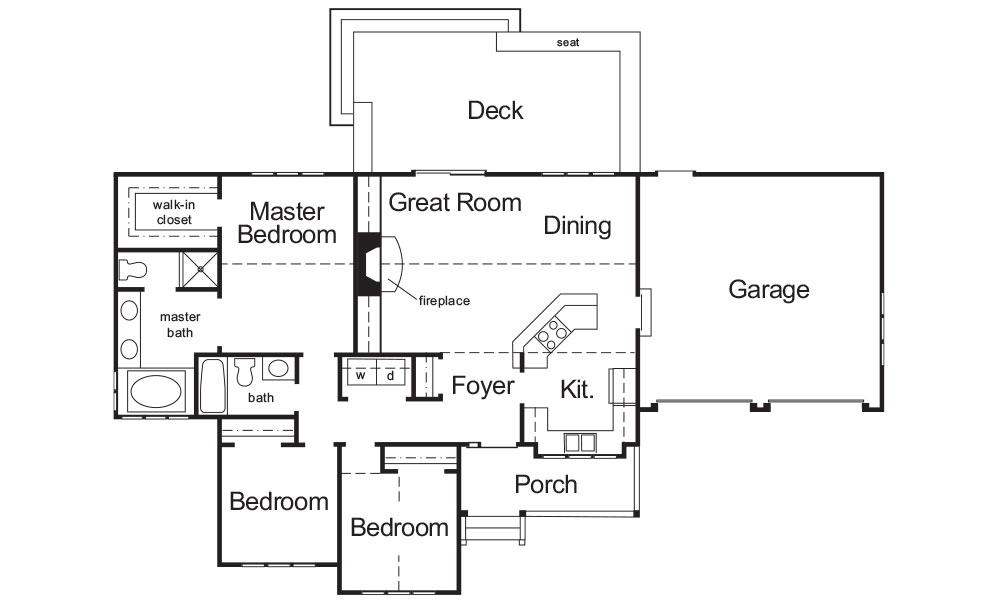 A floor plan of a house in senior living in Marietta, Ohio, featuring a master bedroom with a walk-in closet and bath, two additional bedrooms, a great room, dining area, kitchen, foyer, porch, deck, and garage.