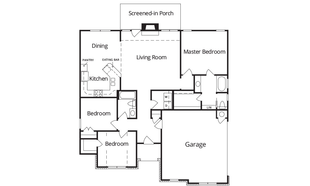 A floor plan showing a home with a screened-in porch, living room, dining room, kitchen, pantry, three bedrooms, two bathrooms, garage, and laundry room—perfect for senior living in Marietta, Ohio.