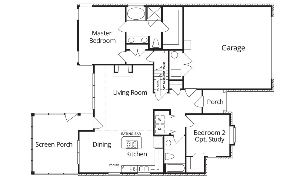 The floor plan for senior living in Marietta, Ohio features a master bedroom with an en-suite bathroom, a living room, a kitchen with an eating bar, a dining area, a screen porch, a second bedroom or study, an additional bathroom, and a garage.