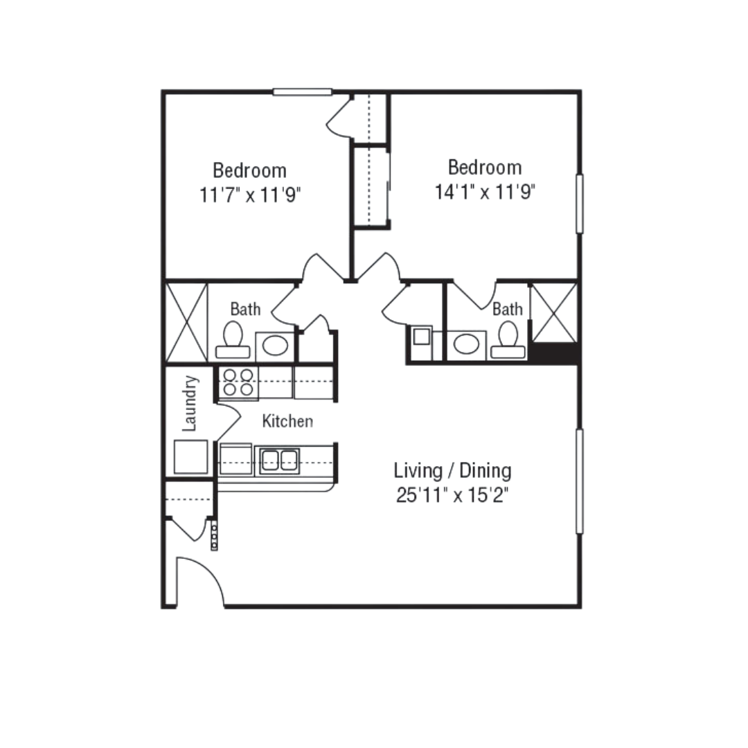 A black and white floor plan for community living in Dayton, Ohio, features a two-bedroom apartment with two baths, a living/dining area, a kitchen, and a laundry room. Bedroom dimensions are 11'7"x11'9" and 14'1"x11'9".