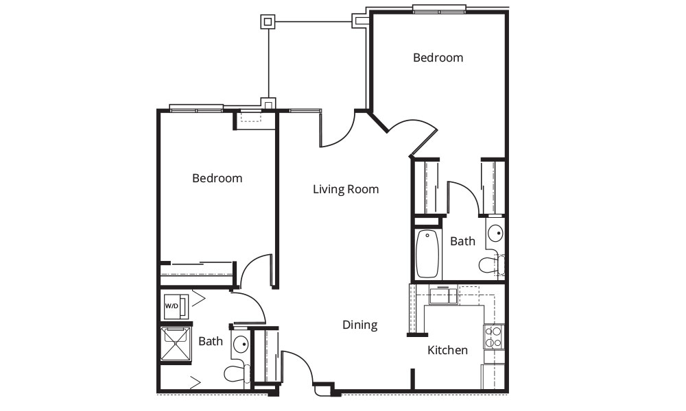 A two-bedroom apartment floor plan in senior living in Marietta, Ohio includes a living room, dining area, kitchen, and three bathrooms, one with washer and dryer space.