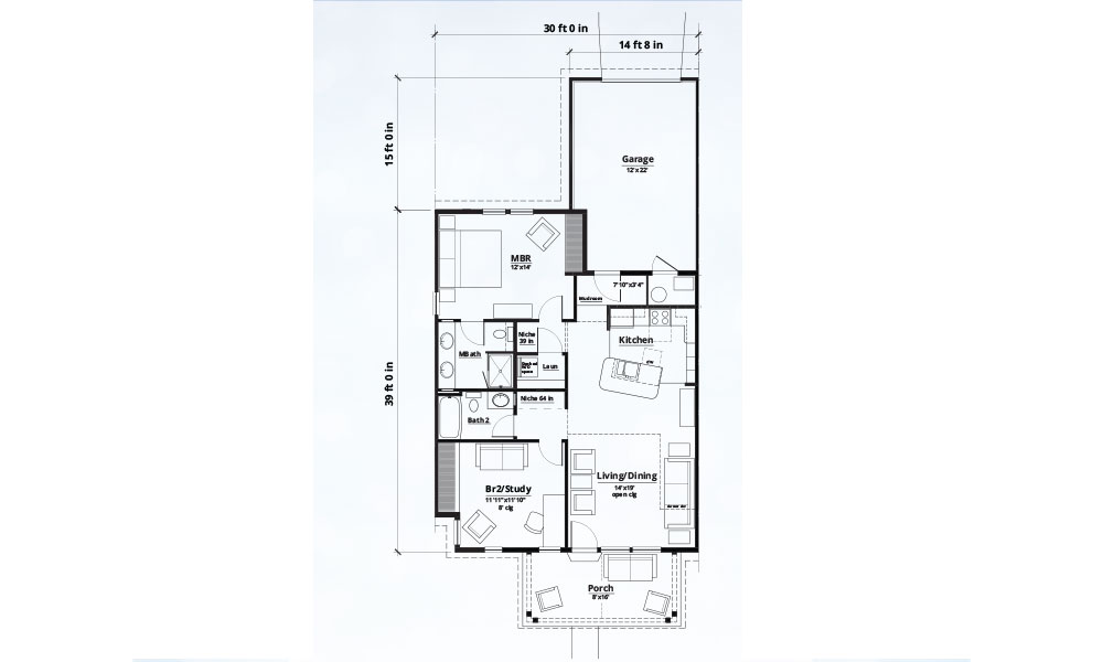 A black and white floor plan of a single-story house with a garage, kitchen, living/dining area, two bedrooms, a study, two bathrooms, and front and back porches. This charming design is ideal for those seeking community living in Plain City, Ohio.