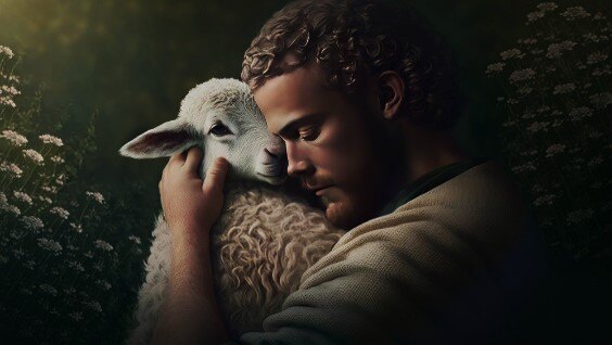 A person with curly hair gently holds a lamb, both appearing calm and close, surrounded by greenery and flowers.