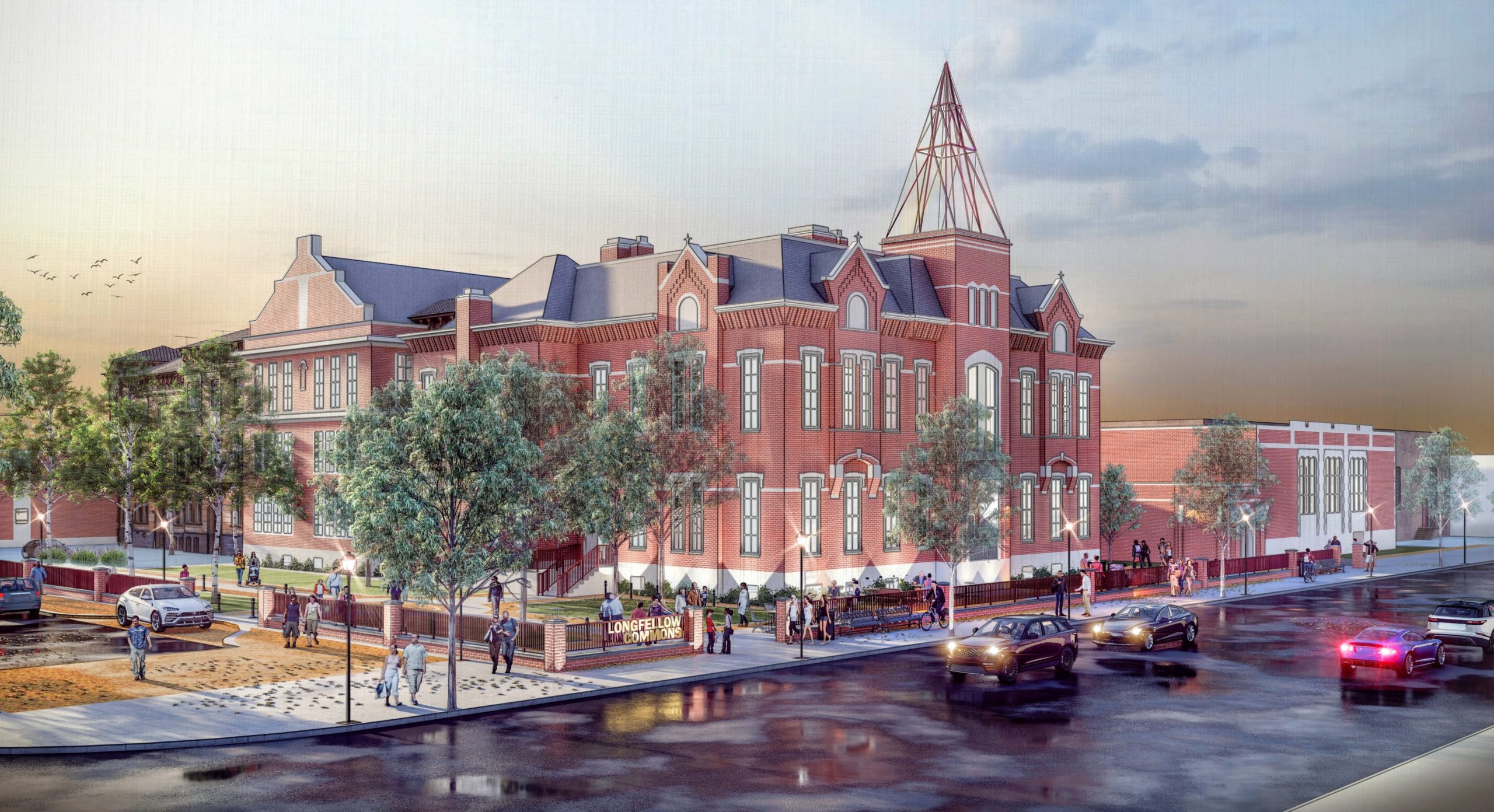 A red brick building with a cone-shaped roof, surrounded by trees, stands prominently as New Projects advance UCH. Pedestrians and cars navigate the wet street at sunset.