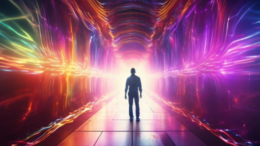 A person stands facing a bright light at the end of a tunnel with colorful, wavy light patterns on the walls.