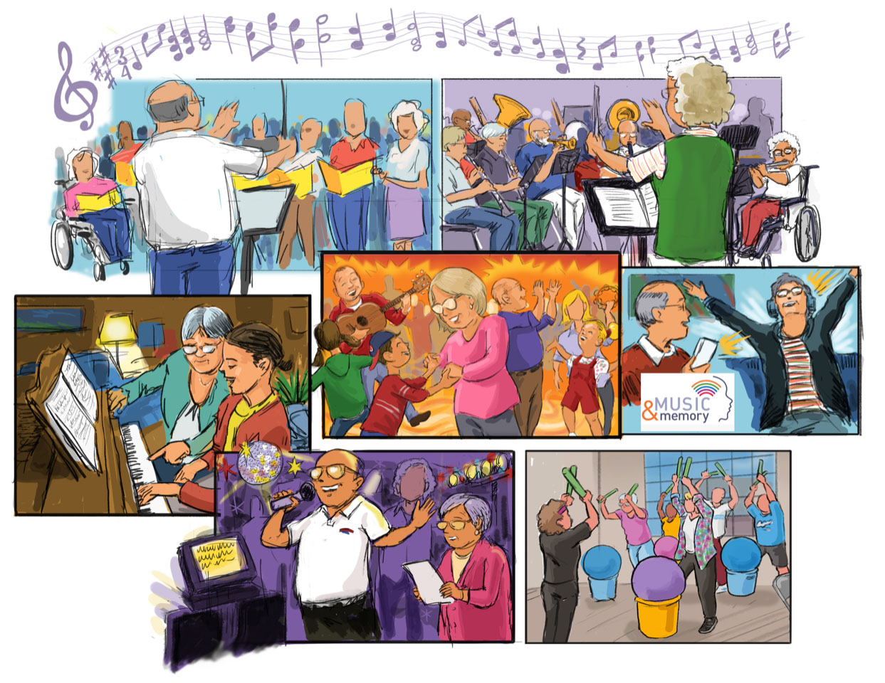 Illustration showing various groups of elderly people enjoying music and activities like choir singing, playing instruments, dancing, and participating in music therapy sessions. This human-centered design generates community improvements by fostering connection and joy.