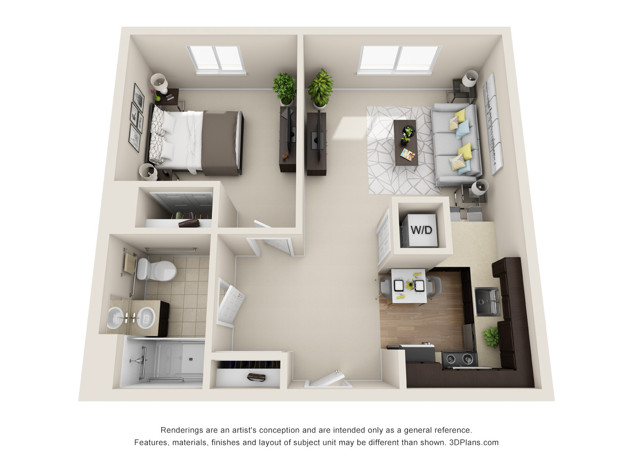 A 3D floor plan of a one-bedroom apartment in the heart of community living in Columbus, Ohio, showcasing a kitchen with appliances, living area, bedroom, bathroom, and a small laundry area with a washer/dryer.