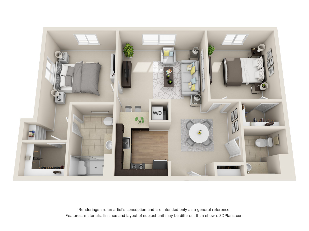 A 3D floor plan rendering of a two-bedroom, one-bathroom apartment showcasing a kitchen, living room, dining area, and a washer/dryer in the hall, ideal for community living in Columbus.