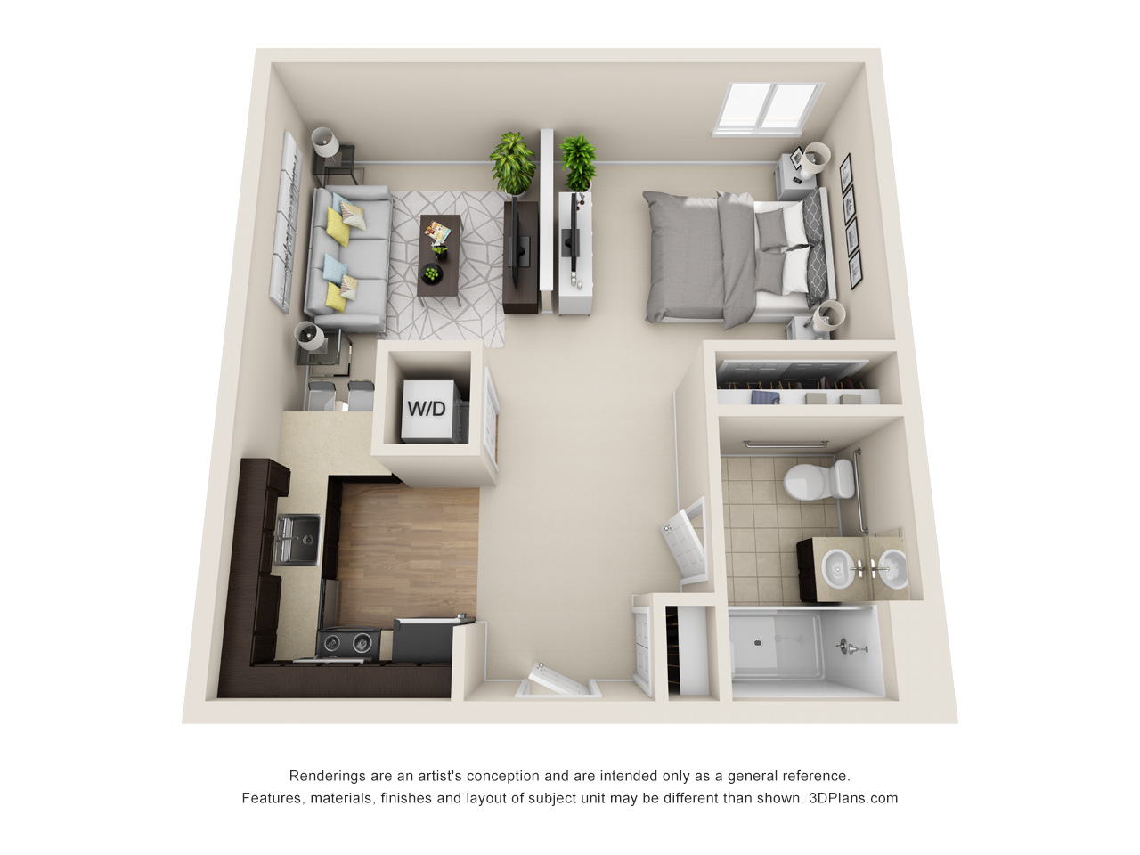 A 3D floor plan of a one-bedroom apartment in a vibrant community living in Columbus, Ohio. Features include a living room, kitchen, bedroom, bathroom, and small laundry area. Large windows provide natural light to the main living areas.