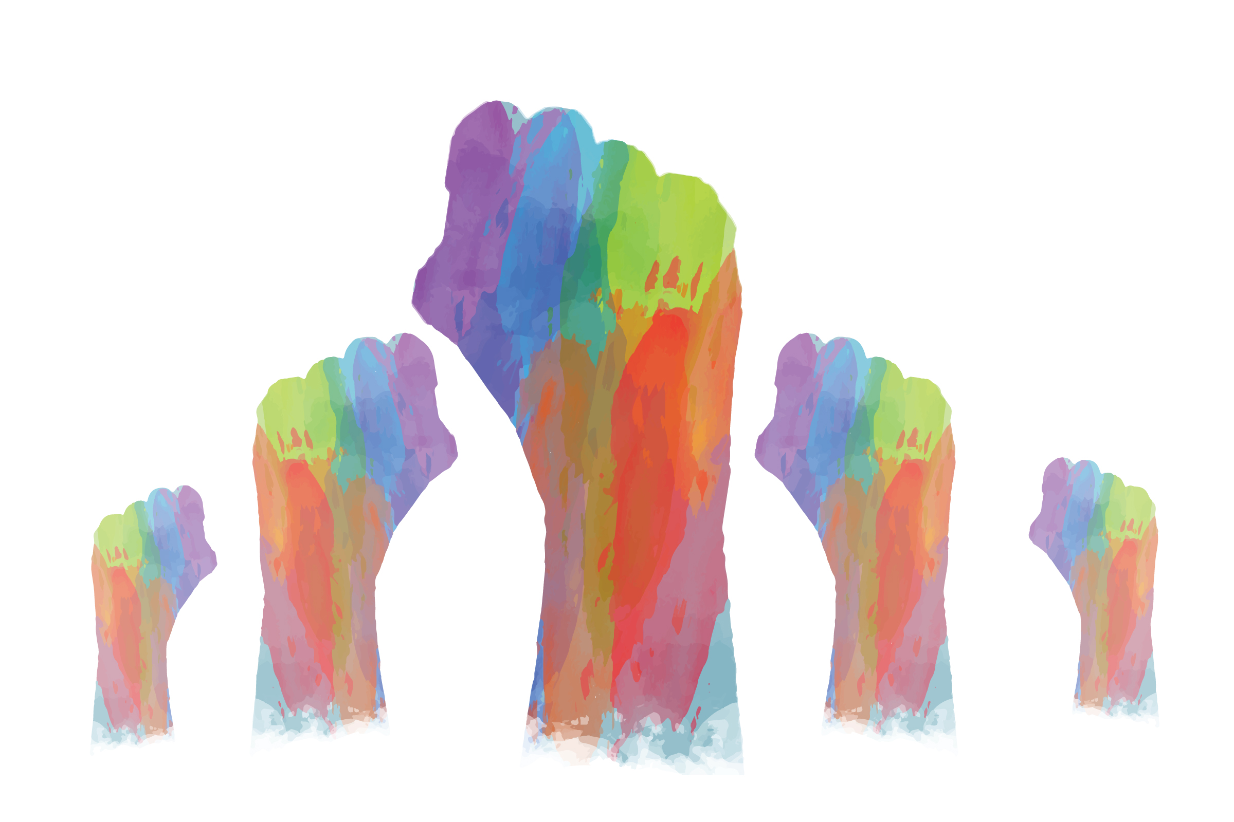 Five watercolor fists in various sizes are raised upwards, featuring a rainbow gradient. White background.