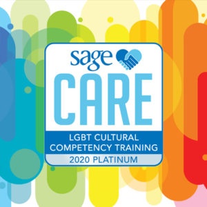 A colorful graphic with overlapping translucent shapes. Central text: "Sage Care LGBT Cultural Competency Training 2020 Platinum." This design highlights the essence of fostering LGBT cultural competency in a visually engaging way.