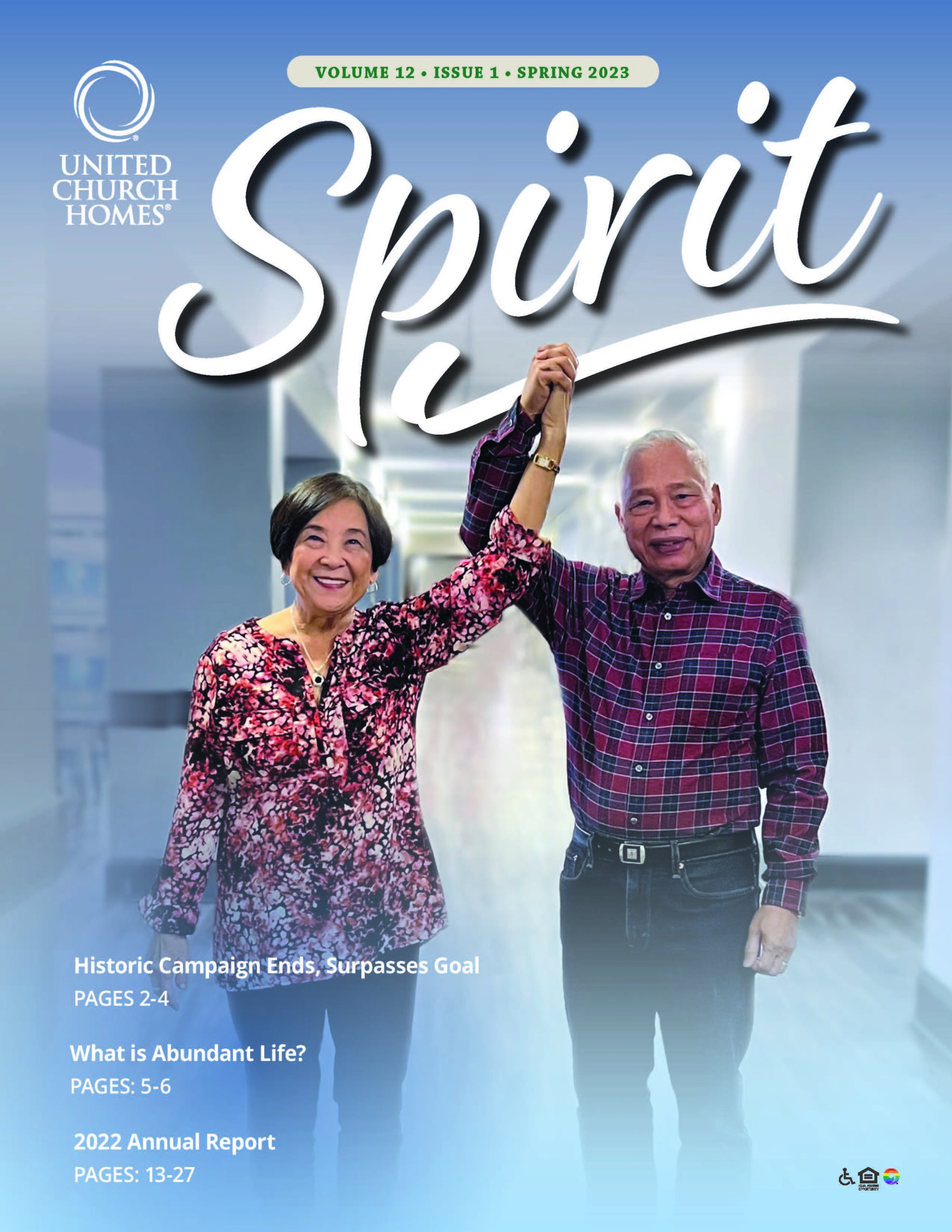 A man and woman smile and raise their clasped hands in celebration on the cover of United Church Homes' Spring 2023 Spirit magazine. Text highlights includes campaign success and annual report details.