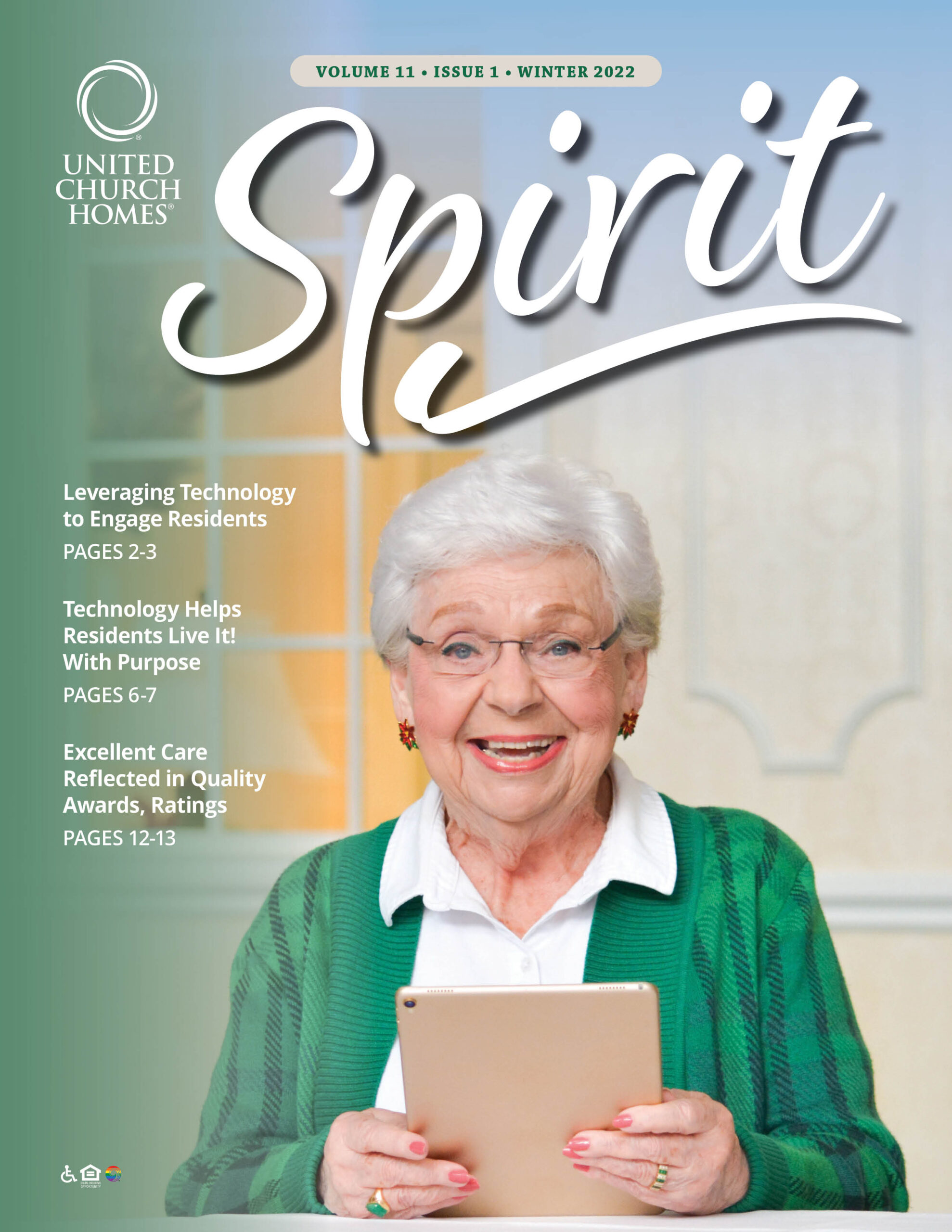 Cover of "Spirit" magazine, Winter 2022 issue. An elderly woman with white hair wearing glasses and a green cardigan holds a tablet and a notebook. Various article titles are listed on the left side.