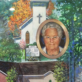 An image depicting a portrait of an elderly woman with glasses, encased in an oval frame, superimposed over a church surrounded by greenery.