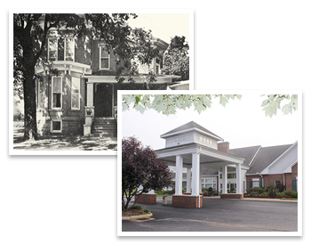 Two images: a black-and-white photo of an old brick house with large trees, and a modern color photo of a building with a portico entrance and brick pillars.