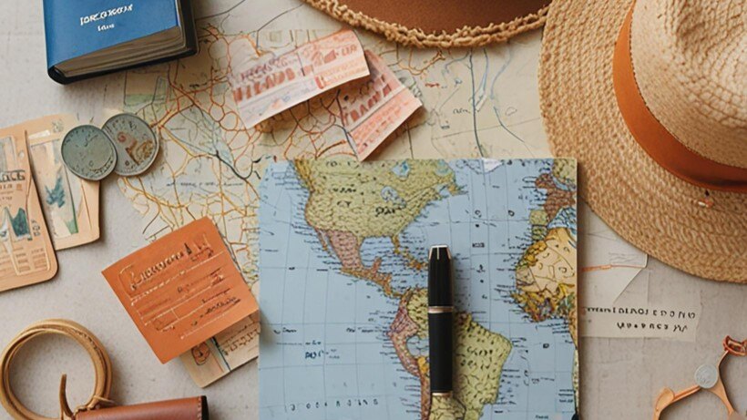 Travel accessories including a map, tickets, a pen, a hat, a passport, coins, and travel documents are arranged on a table.