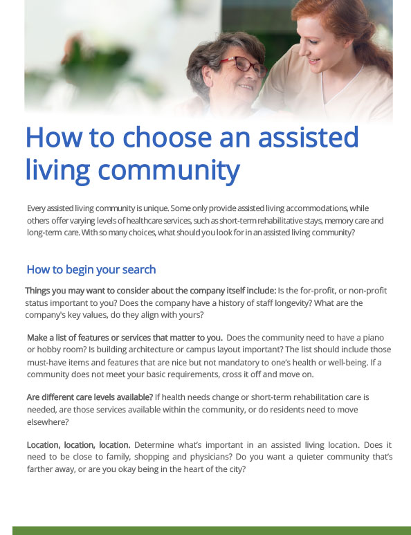 A guide titled "How to choose an assisted living community" with tips on what to consider when selecting a community, including company values, features, care services, and location. This informative aging life guide ensures you make the best choice for your loved ones.