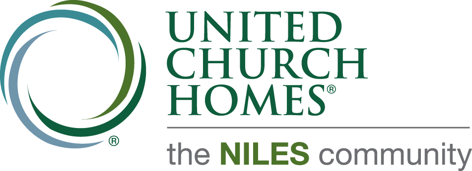 Logo of United Church Homes, The Niles Community, featuring intertwined circular shapes in blue and green alongside the organization's name.