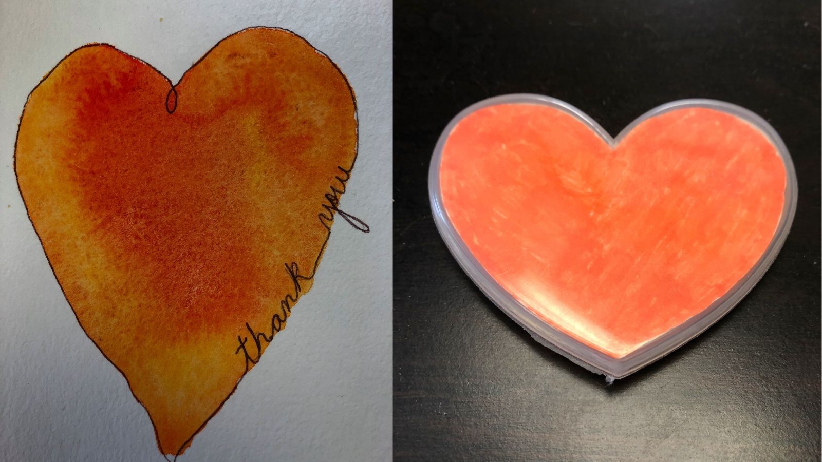 A hand-painted heart with "thank you" written beside it on the left and a plastic heart-shaped object on the right, both in shades of red and orange, placed against a dark background.