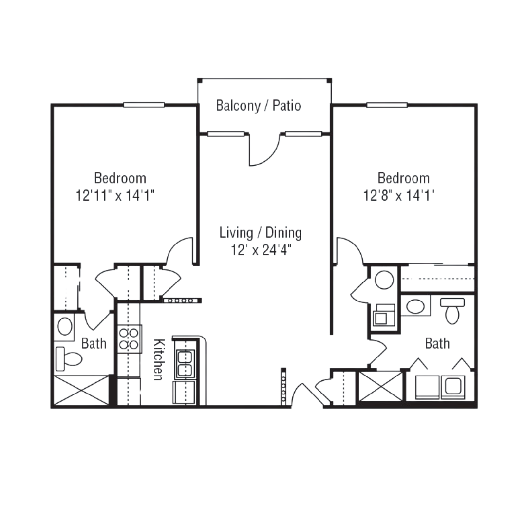 A two-bedroom, two-bathroom apartment floor plan in Dayton with a living/dining area, kitchen, and balcony/patio. Rooms are labeled with dimensions: bedrooms (12'11" x 14'1" and 12'8" x 14'1") and living/dining (12' x 24'4"). Enjoy the benefits of community living in Ohio's vibrant