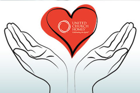 Illustration of two open hands holding a red heart with the United Church Homes logo and the tagline "Celebrating the Spirit." Explore rewarding *careers at United Church Homes* and join us in making a difference.