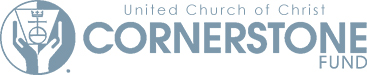 Logo of United Church of Christ Cornerstone Fund featuring two hands holding a globe with a church cross above it, and the organization's name to the right.