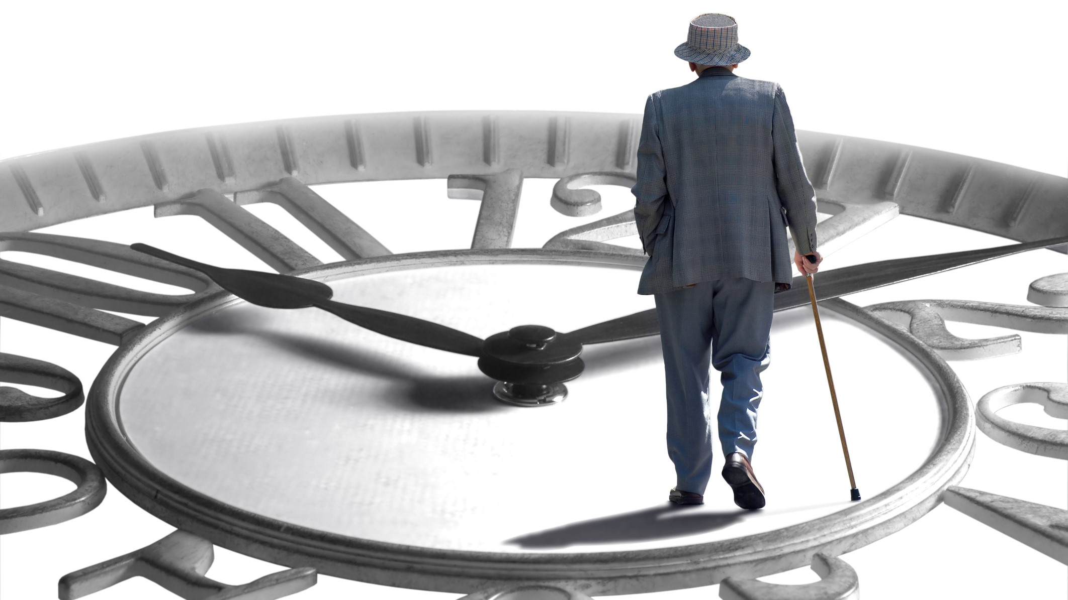 Elderly man with a cane walking on the face of a giant clock, symbolizing the passage of time.