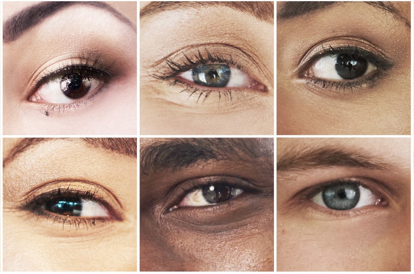 A close-up collage of six different eyes, showcasing a variety of eye colors and skin tones. Each square features a single eye with visible details such as eyelashes and eyebrow shapes.