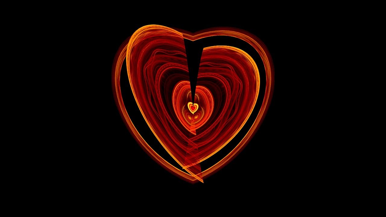 A digital art piece featuring multiple concentric heart shapes in fiery red, orange, and yellow hues, set against a black background.