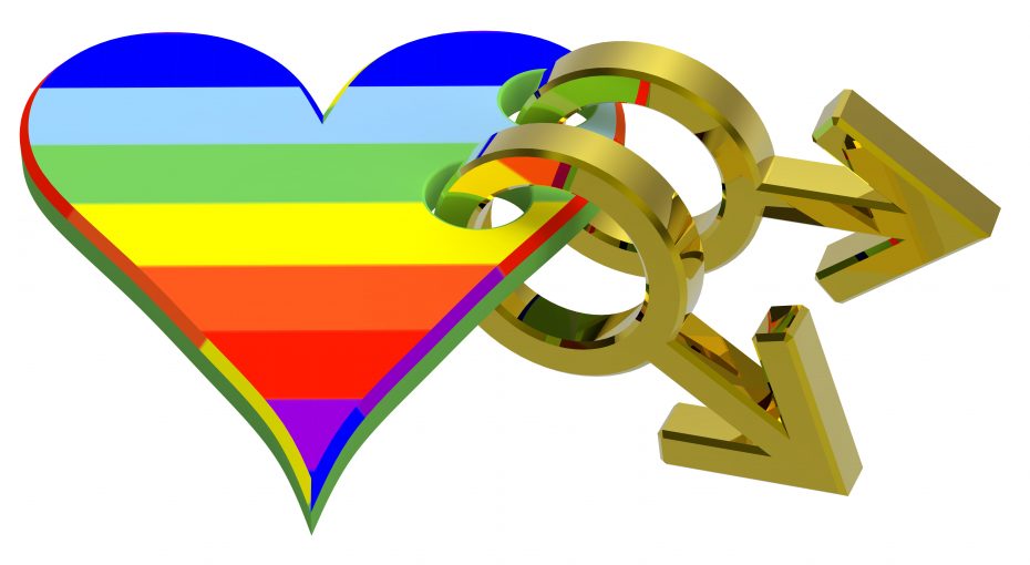 A heart with rainbow stripes and two interlocking male gender symbols in gold.